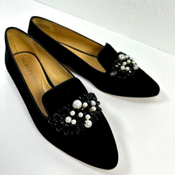 Talbots Edison Jeweled Suede Flats Black | Faux Pearl Loafers | Size 6.5 - Picture 3 of 10